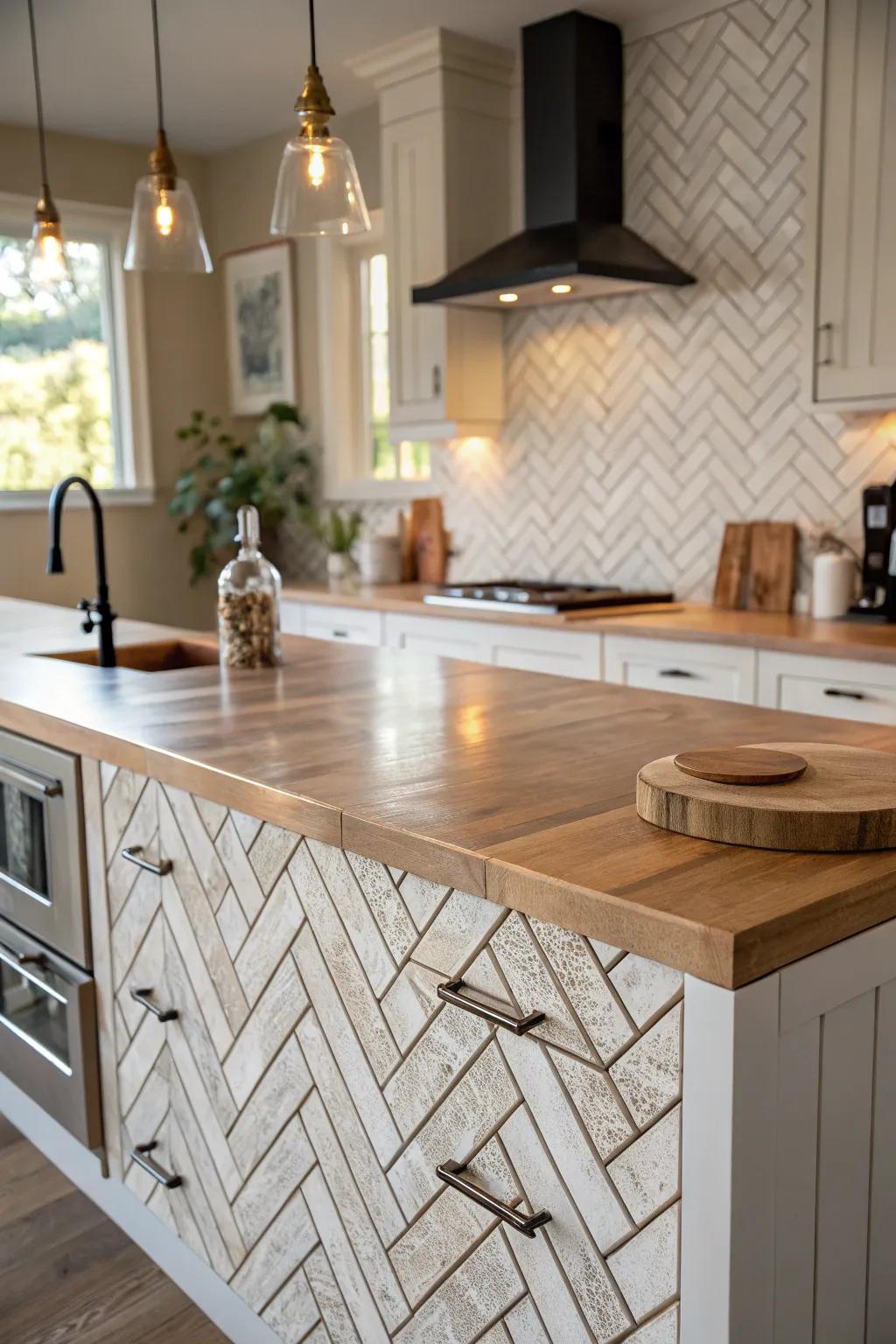 Refined slant pattern for a stylish cooking space.
