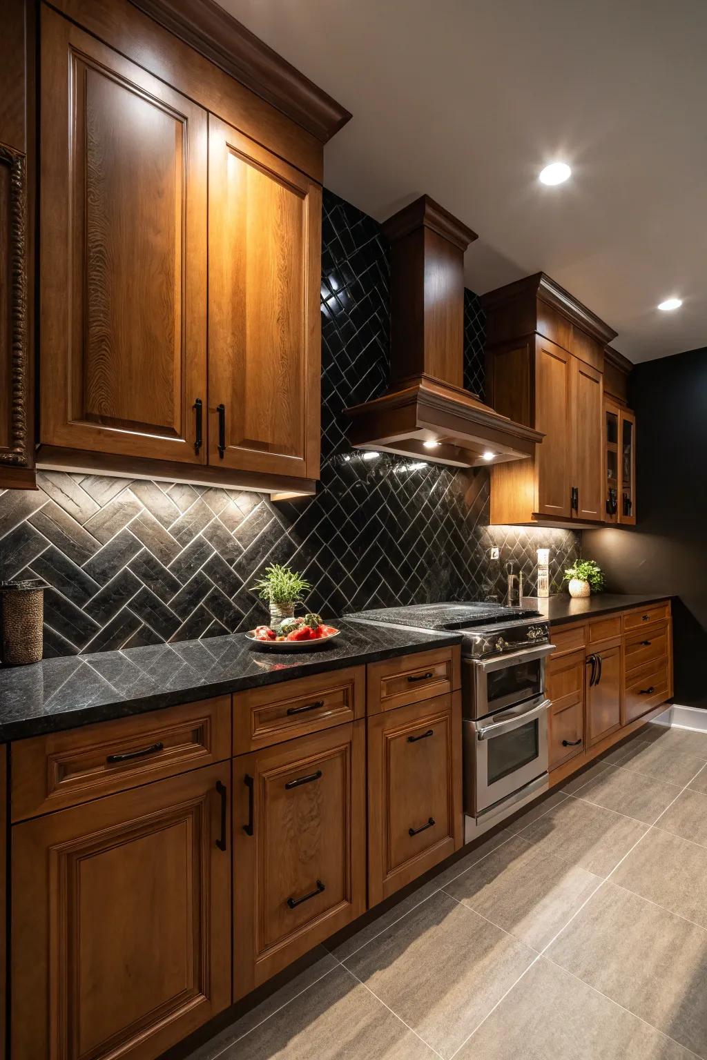 A high-contrast backsplash crafts a sensational impact alongside maple cabinets.