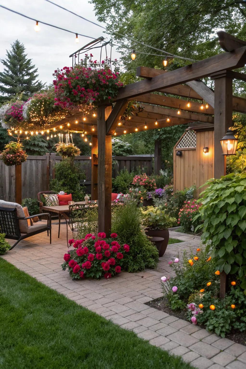 A pergola becomes the focal point with hanging adornments and lights.