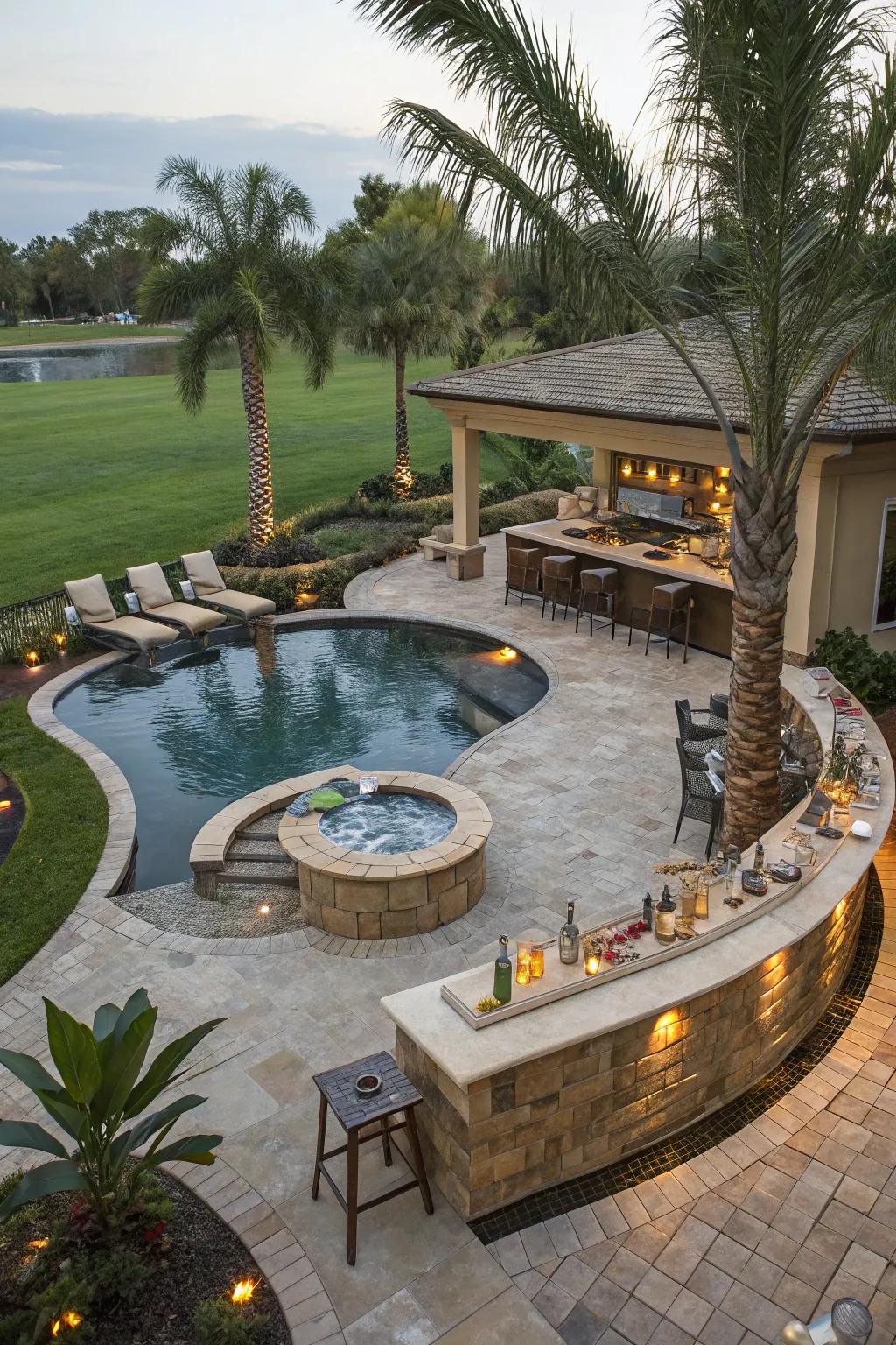 A lavish meandering pool with a hot tub for supreme relaxation.