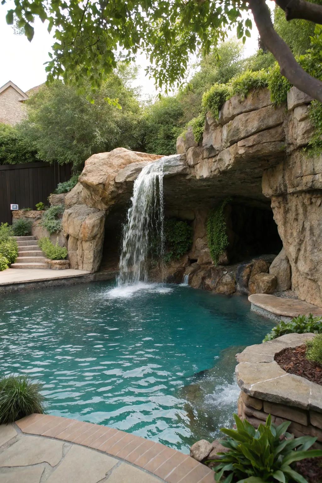 A secret grotto cascade injects intrigue and charm into your pool.