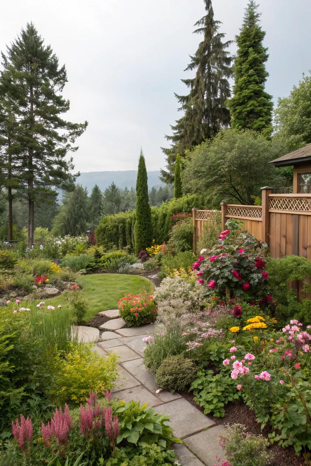 Mixed greenery provides a varied and private landscape.