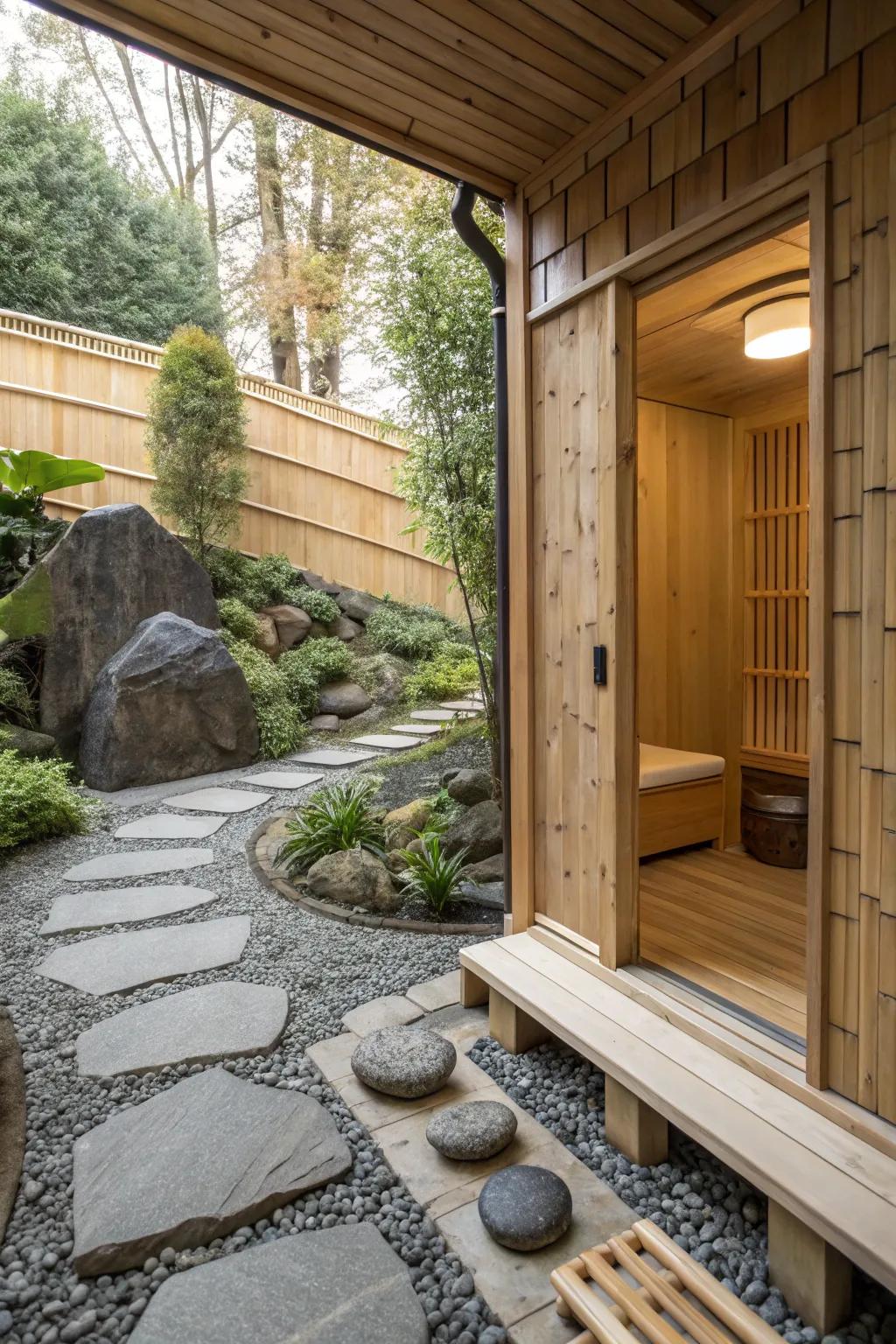 A Zen rock garden steam room promoting supreme calmness.