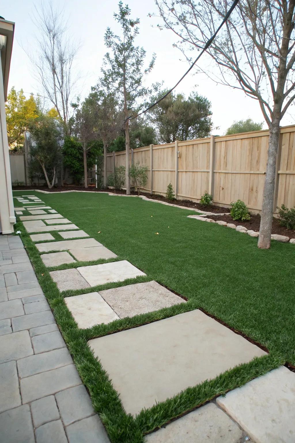Modern pavers with rich artificial grass in between.