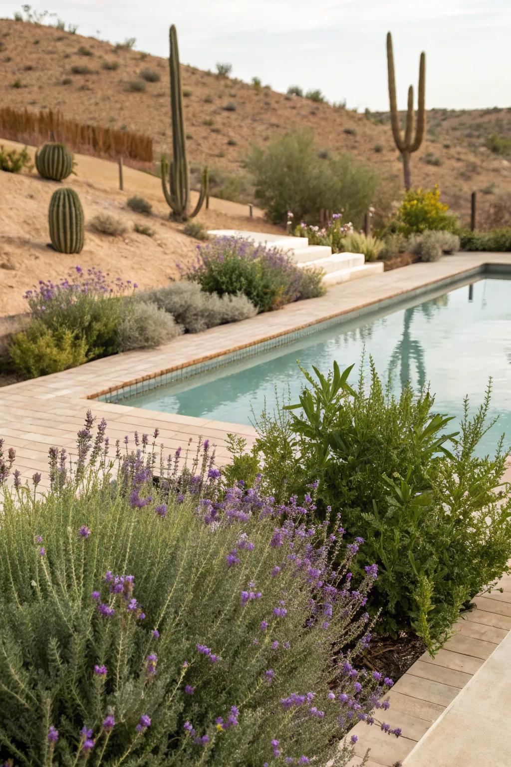 Desert-friendly plants beautifully integrate nature into your pool area.