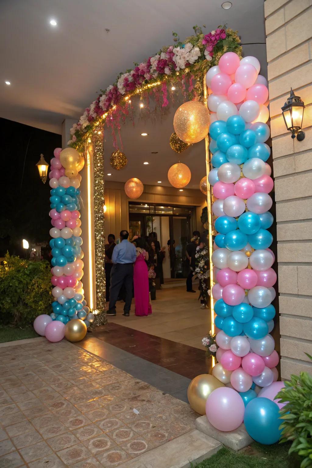 Decorative balloon columns enhancing a party entrance, providing both height and visual appeal
