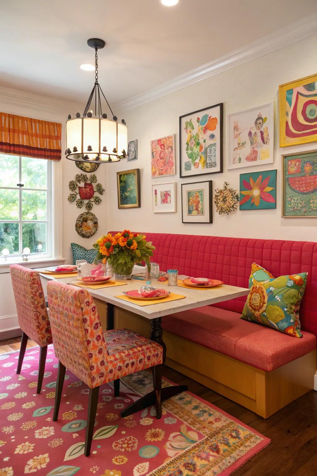 A vibrant dining area with bold-colored banquette seating for a lively atmosphere.