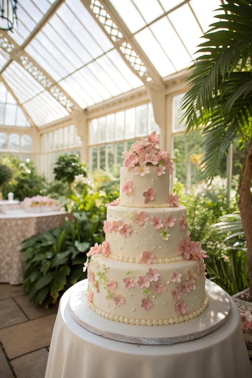 A cake decorated in sweet blossoms, simulating a garden atmosphere.