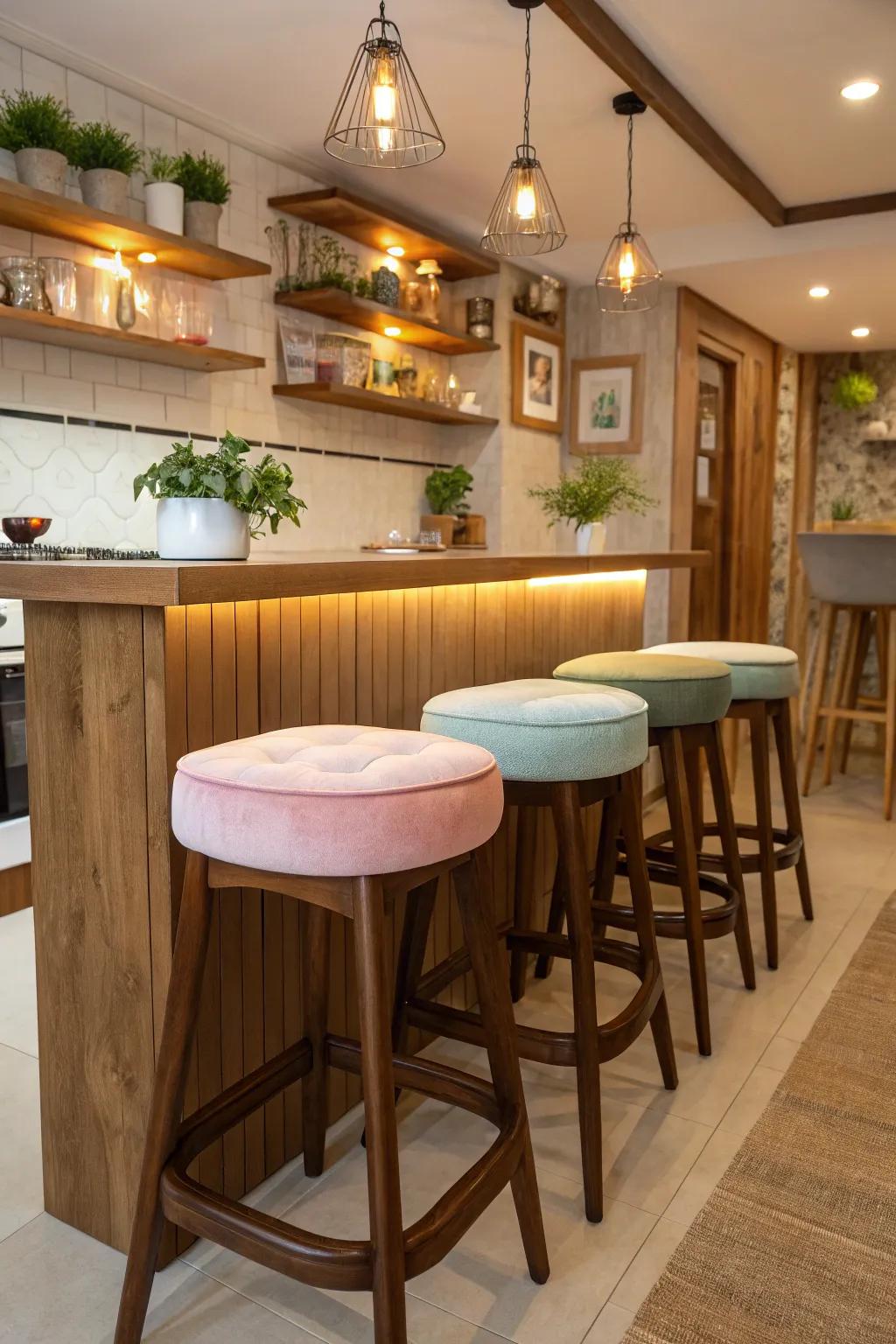 Cushioned bar stools for added comfort.