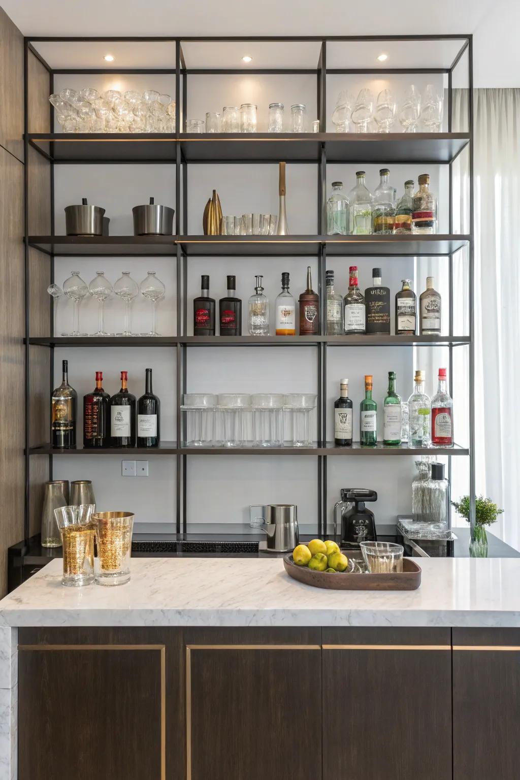 Simple metal wall storage provides a polished and modern design for your bar.