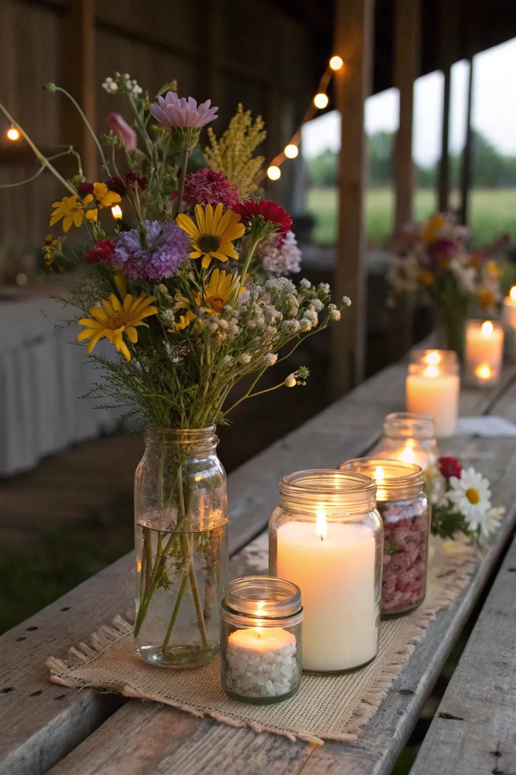 Canning jars bring a quaint charm to the table settings.