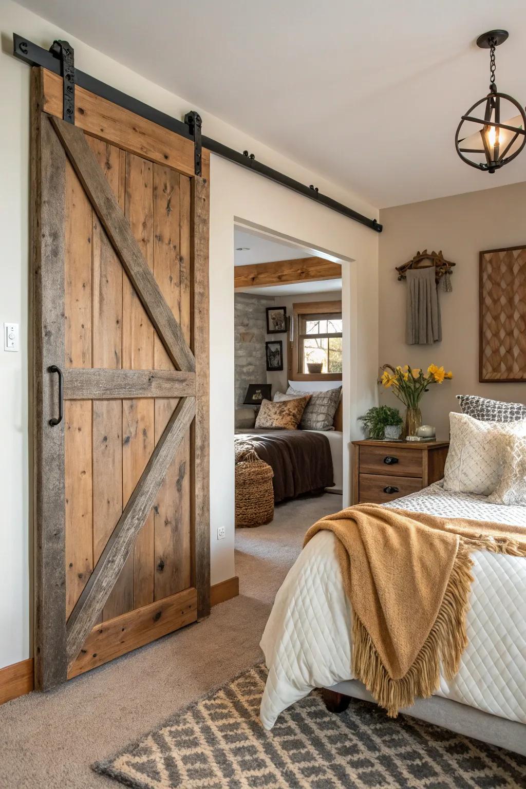 A textured barn door adds depth to this cozy bedroom.