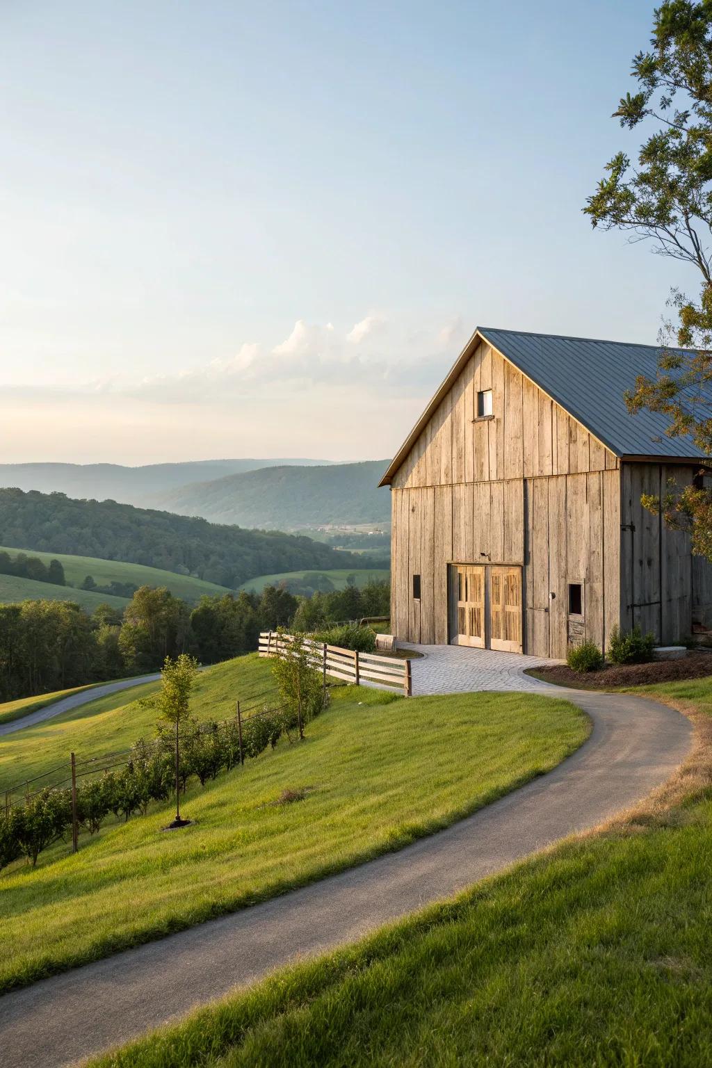 A barn showcases engineered wood siding that copies the charm of natural wood.