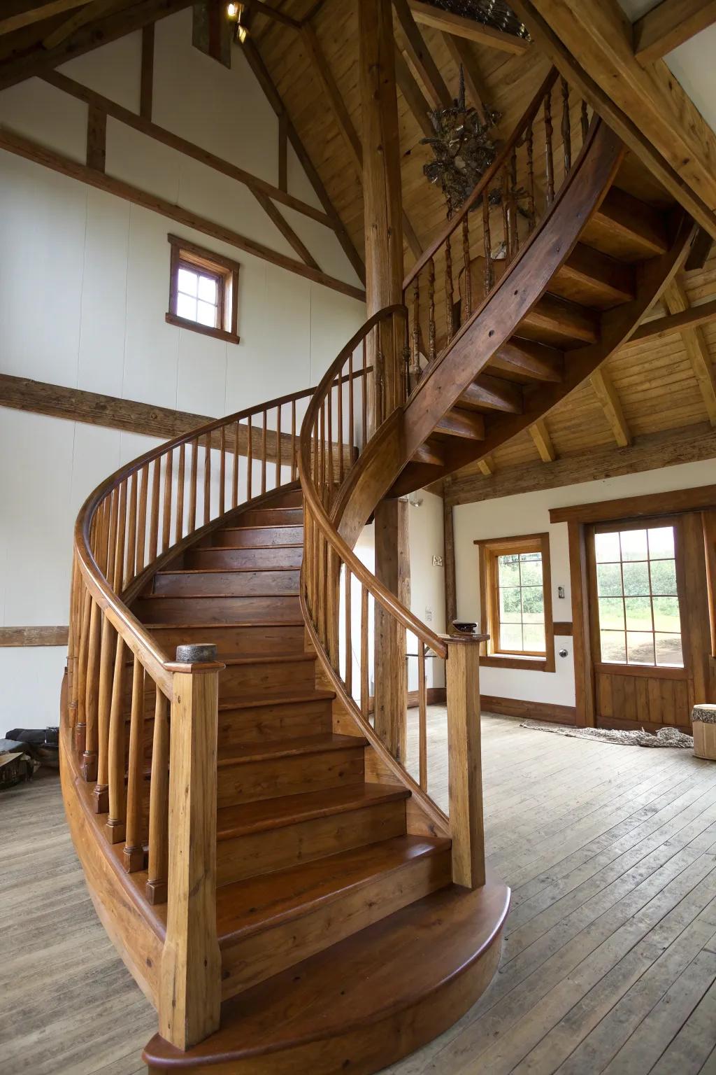 Sweeping staircases impart sophistication and flow to barn interiors.