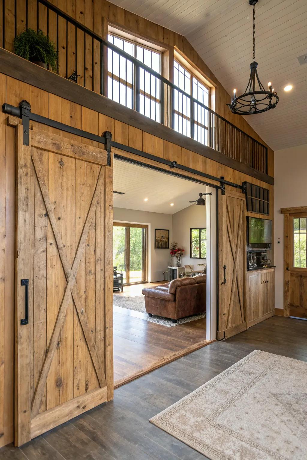 Utilitarian and elegant barn-inspired entrances in this beautifully designed barndominium.