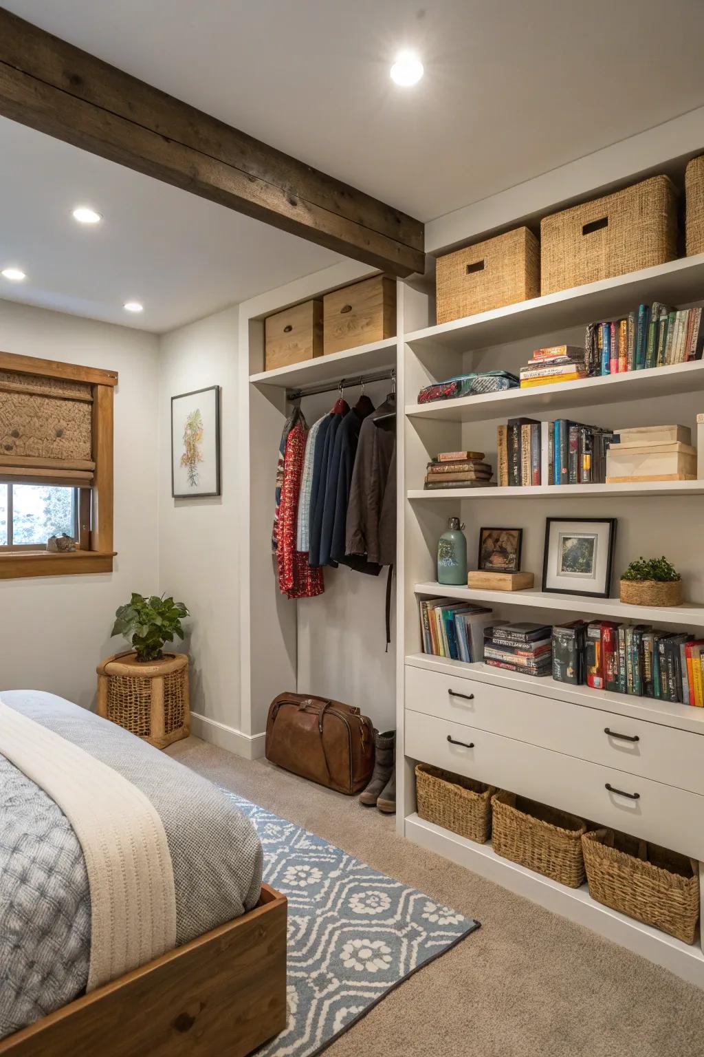 Vertical storage solutions make the most of space in this basement bedroom.