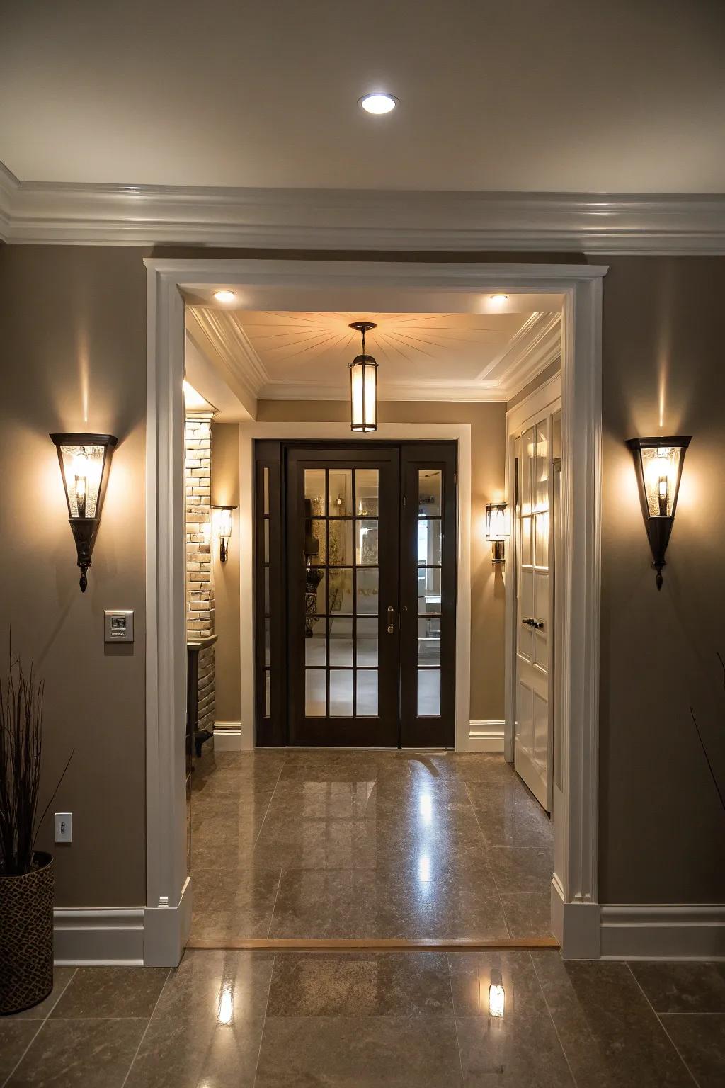 Strategic lighting enhances the visual charm of the basement door.
