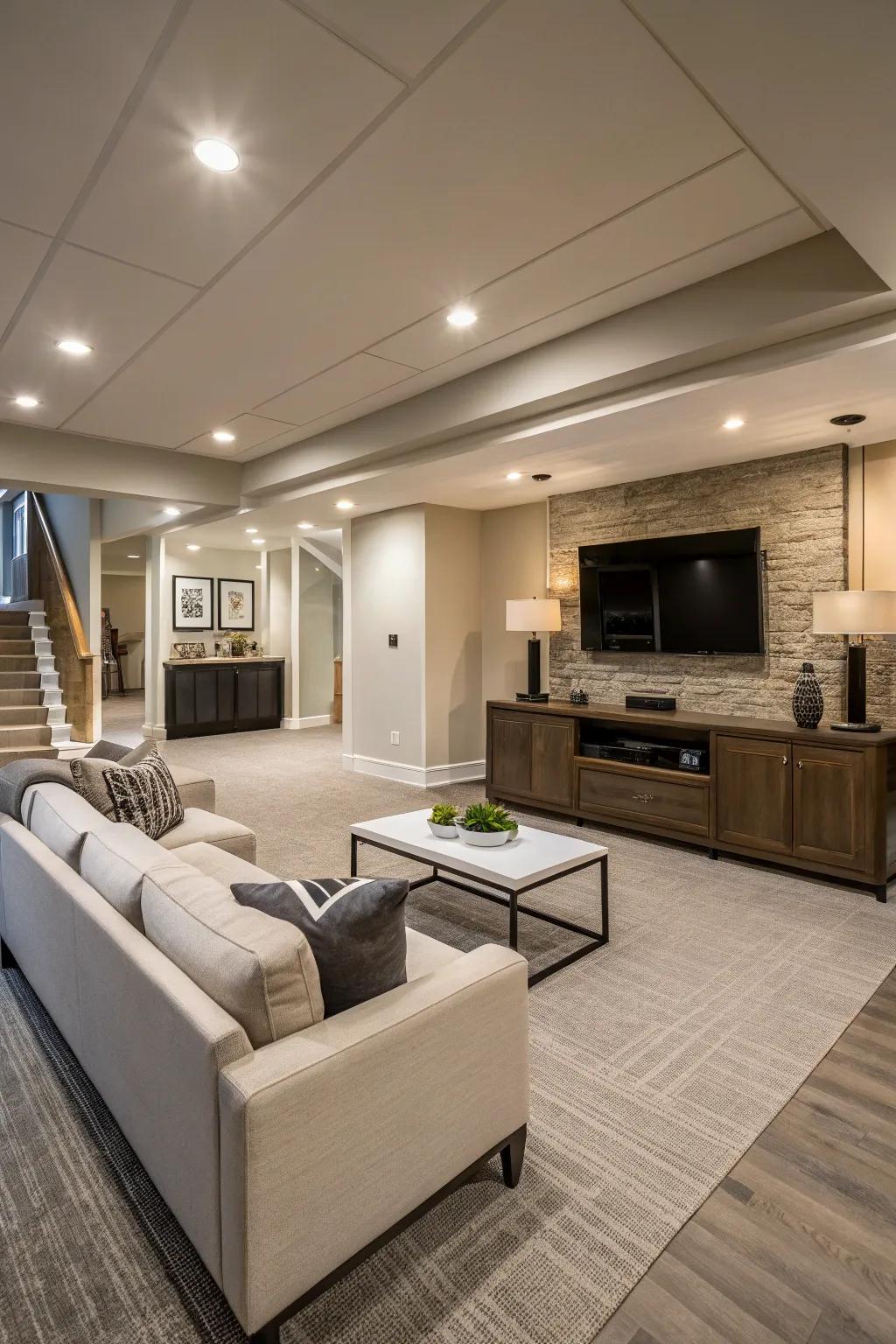 An open layout makes this basement retreat feel spacious.