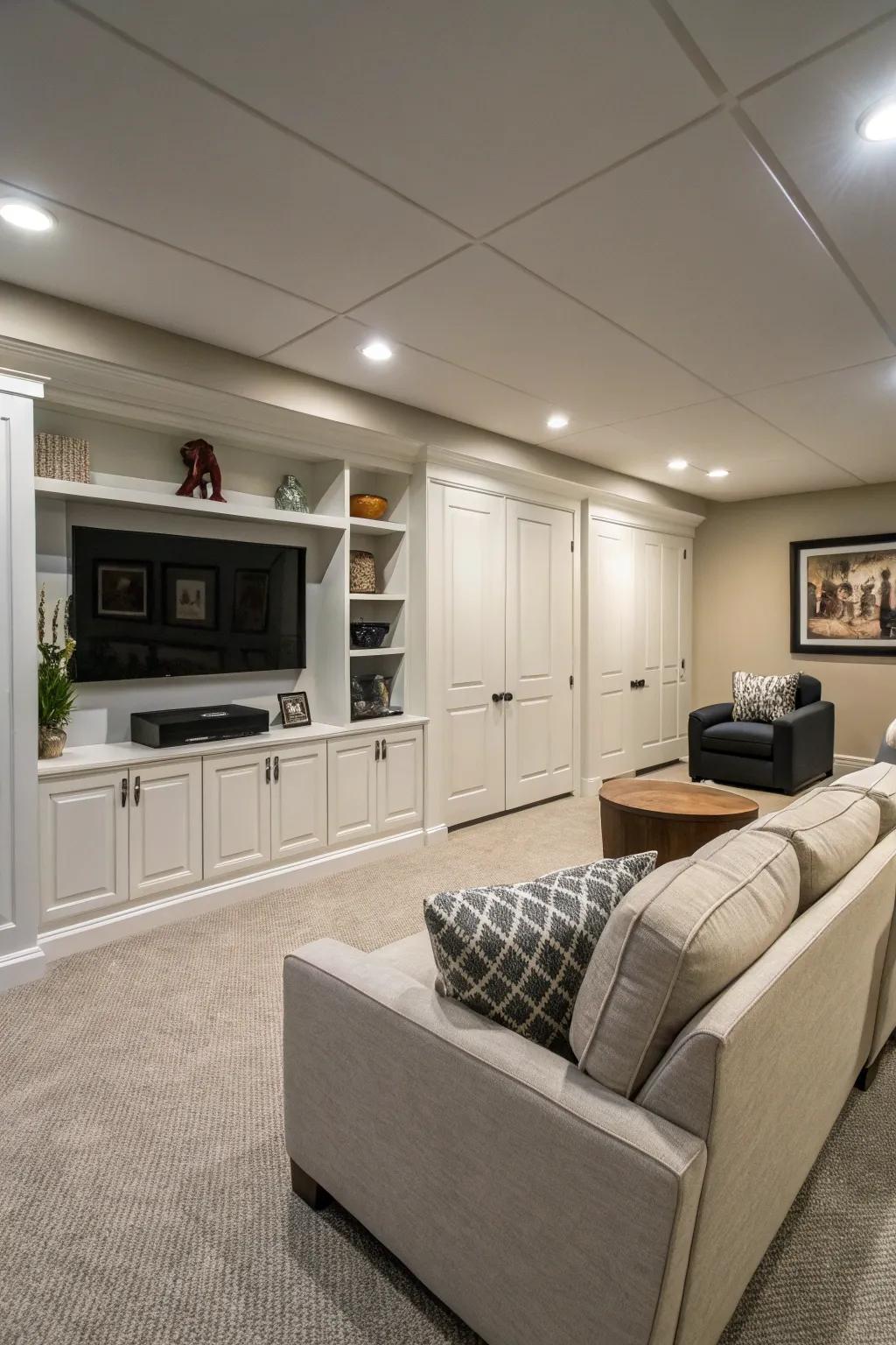Clever storage keeps the media room neat and free from mess.