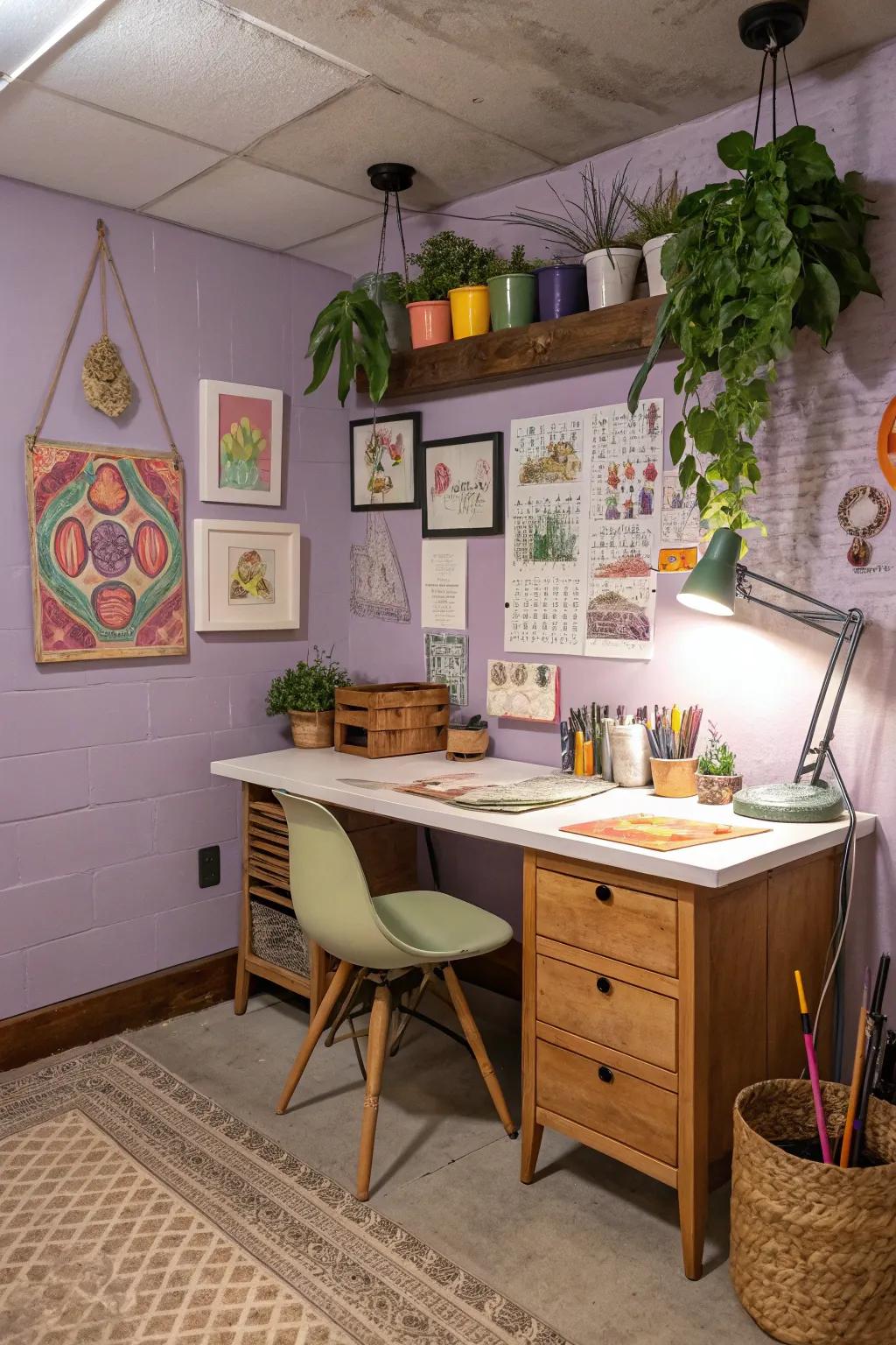 Lavender walls encourage creativity and personal expression.