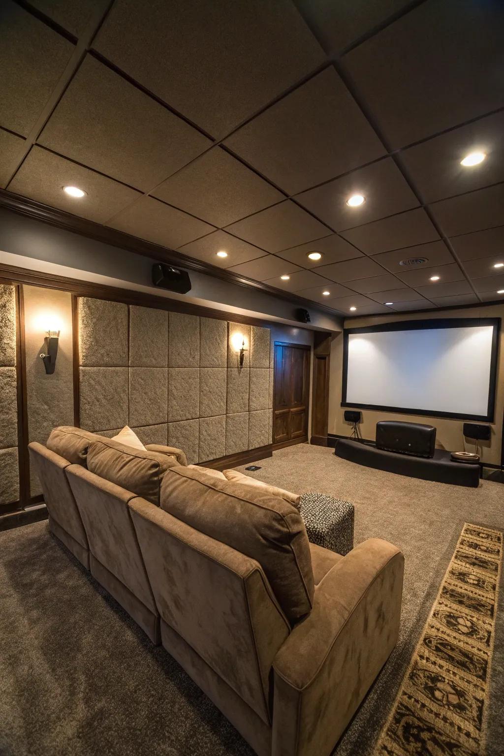 An immersive home cinema is nestled in the basement, equipped with plush seating and an expansive display.