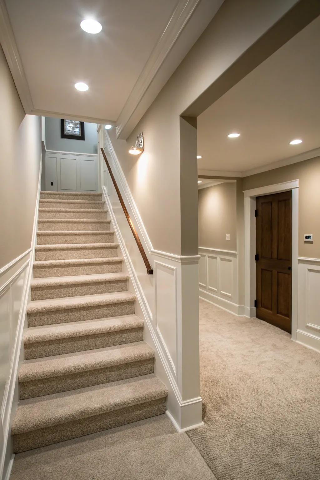Understated colors compose a serene and unified stairwell.
