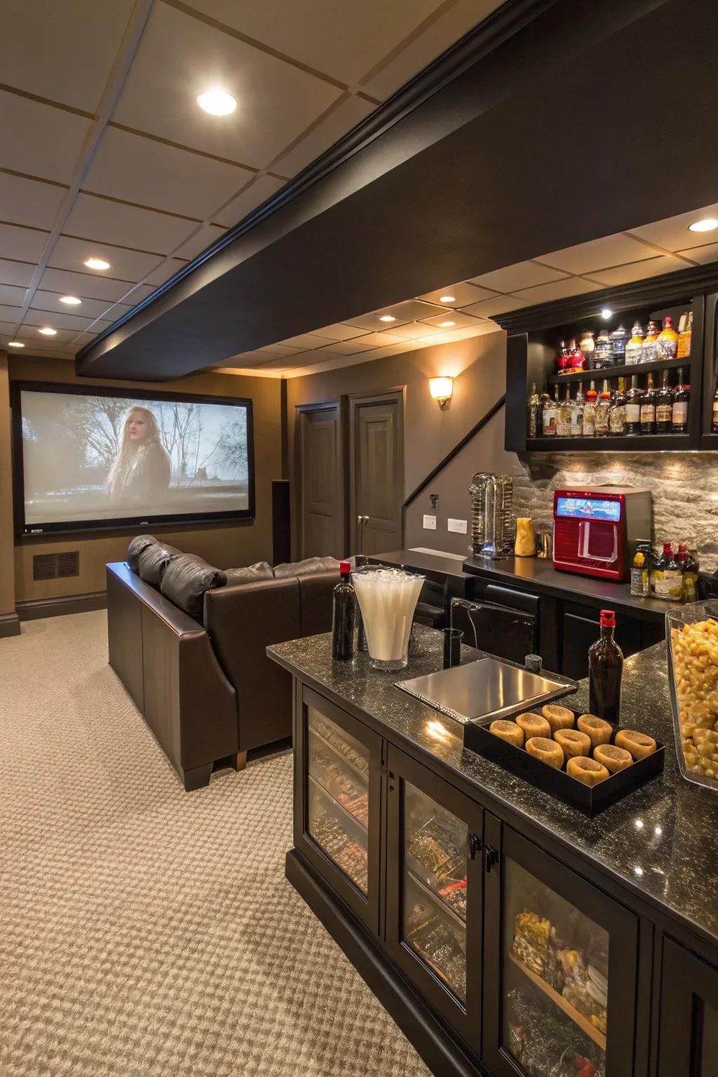 A munchies and beverage station brings ease and a sprinkle of luxury to your custom home theater.