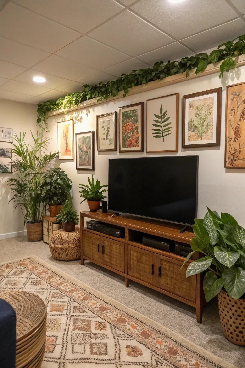 A basement TV feature personalized with ornamental artwork and verdure for a hint of flair.
