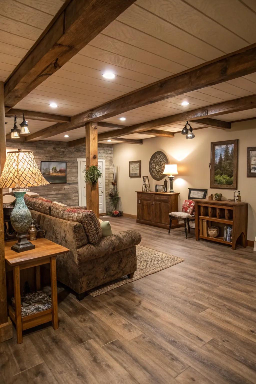 Wide plank vinyl flooring gives a rustic charm.