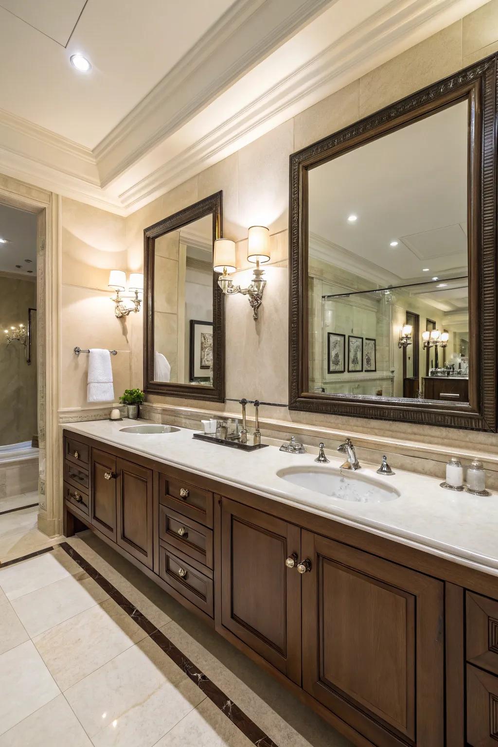 A double vanity transforms a shared bathroom into an opulent retreat.