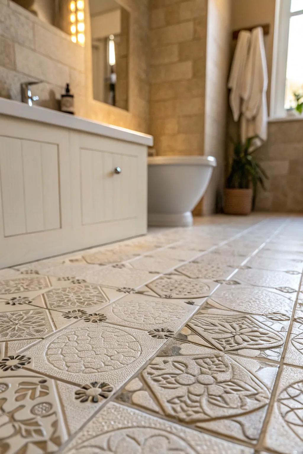 Embossed tiling enriches profundity and intrigue via illumination and shadow.