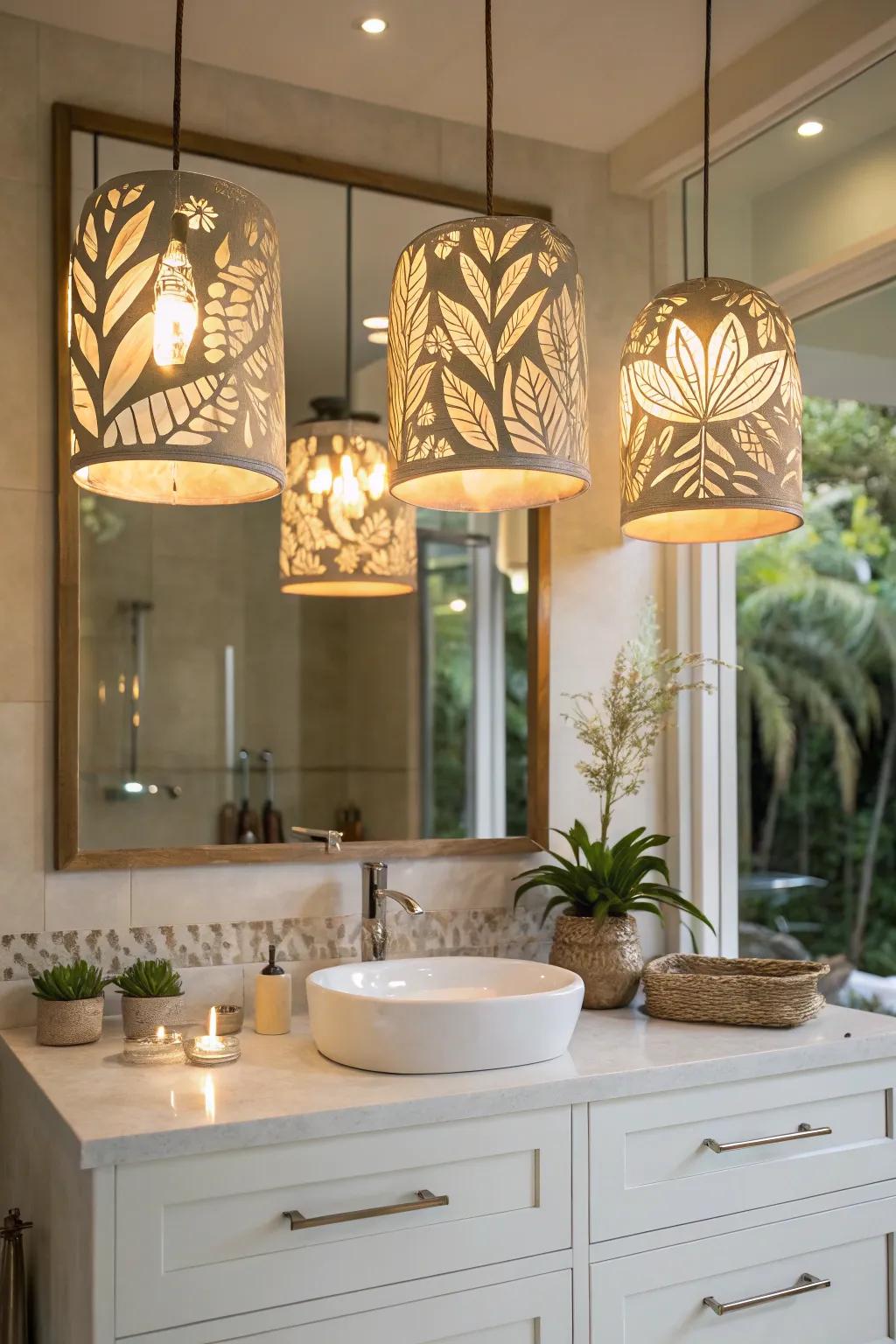 Natural themed fixtures bring organic warmth to the space.