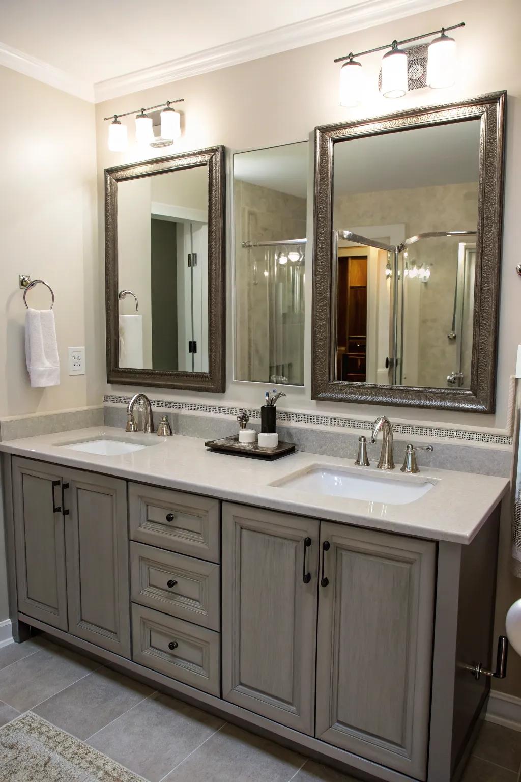 Mirrored cabinets blend storage and style seamlessly.