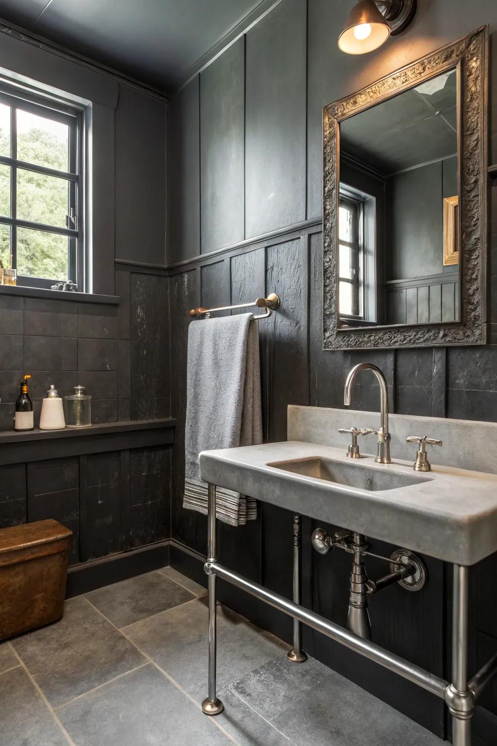Dark gray walls with metal details for a factory vibe.