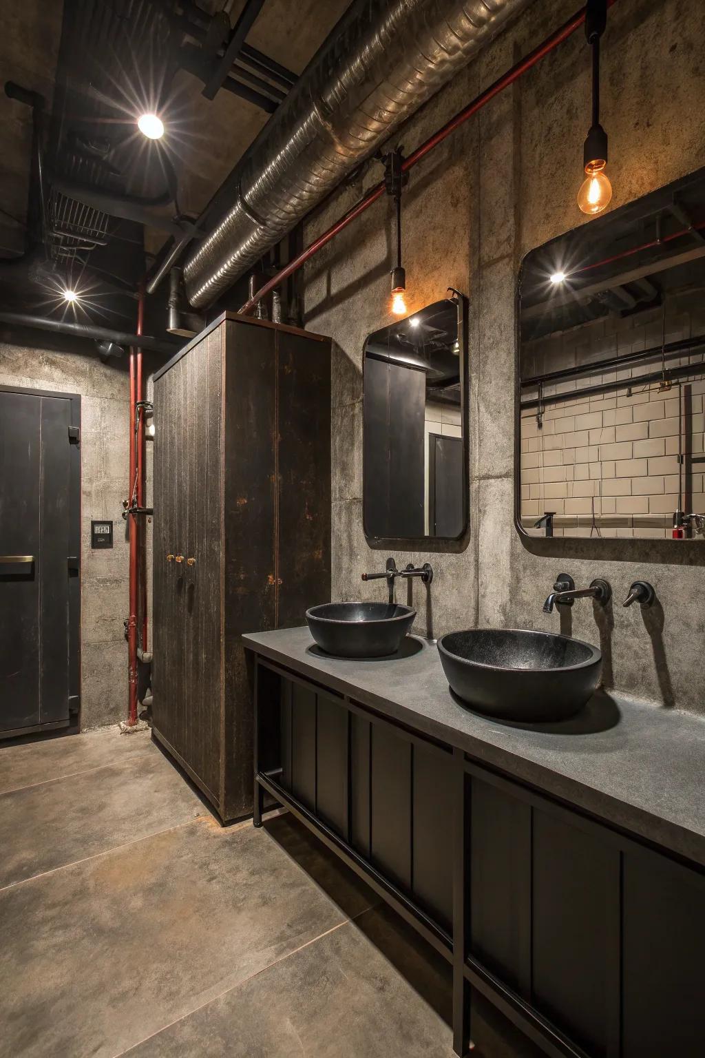An urban chic bathroom featuring metal accents and dark tones.
