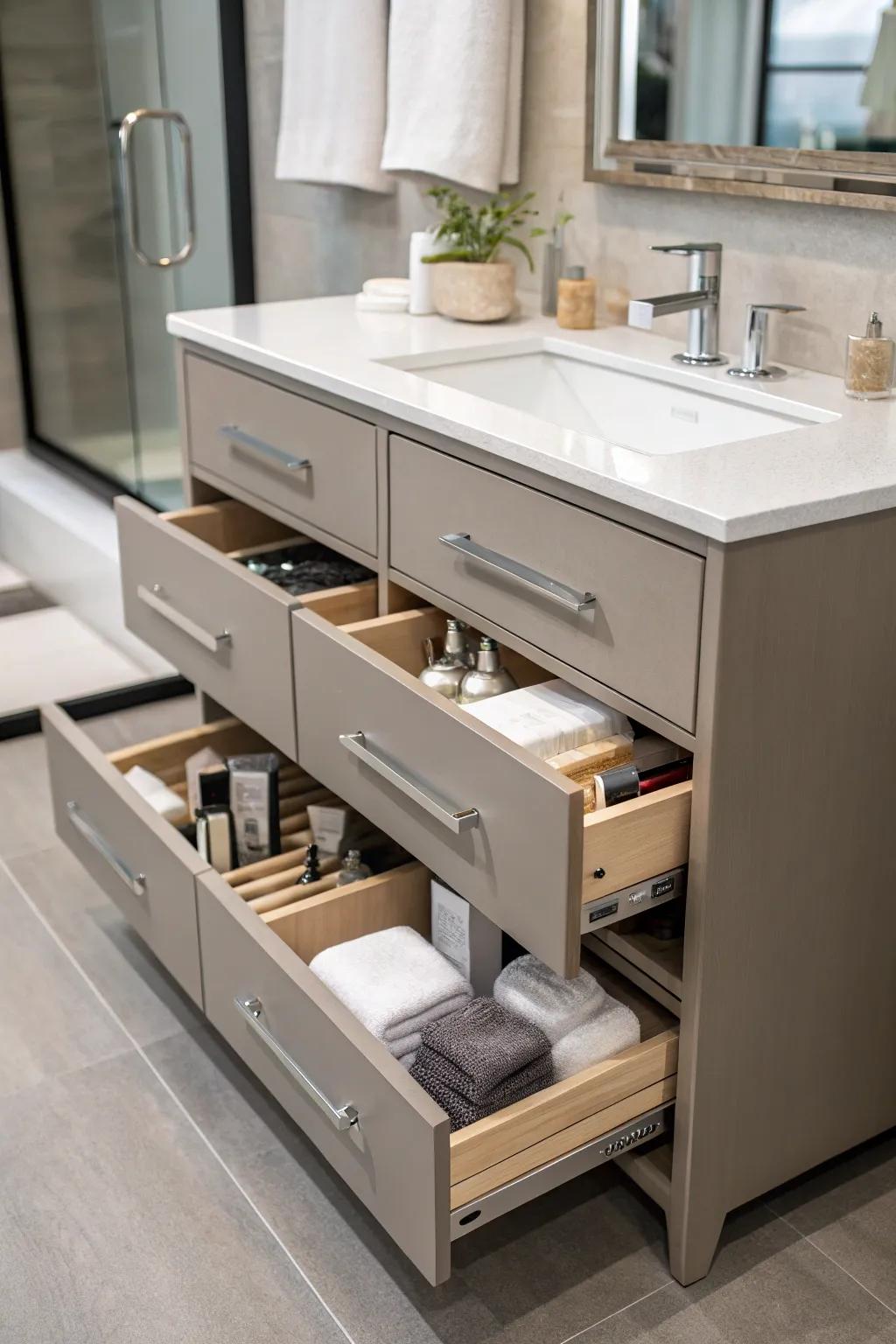 Built-in storage keeps your bathroom organized and chic.
