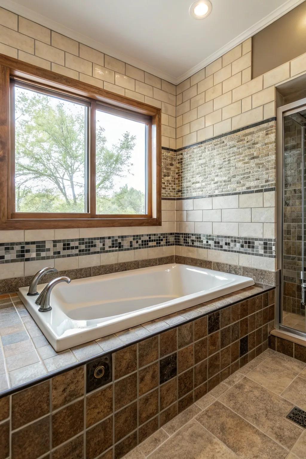 Introduce depth by mixing matte and glossy tile textures.