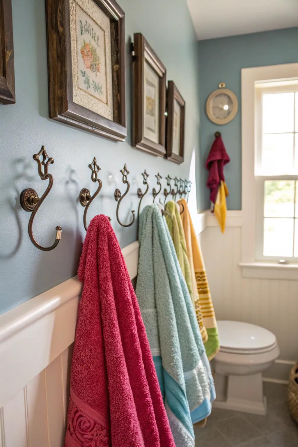 Decorative hooks add a touch of elegance to towel storage.
