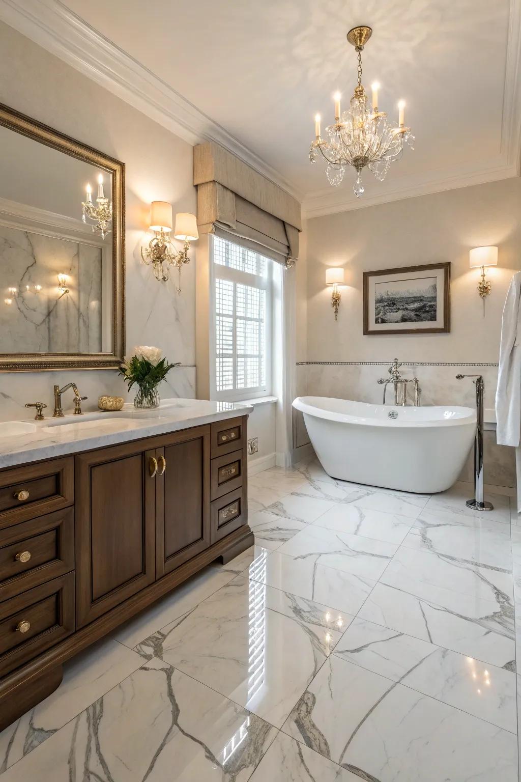 Marble-look resilient flooring adds a luxurious touch to this elegant bathroom.