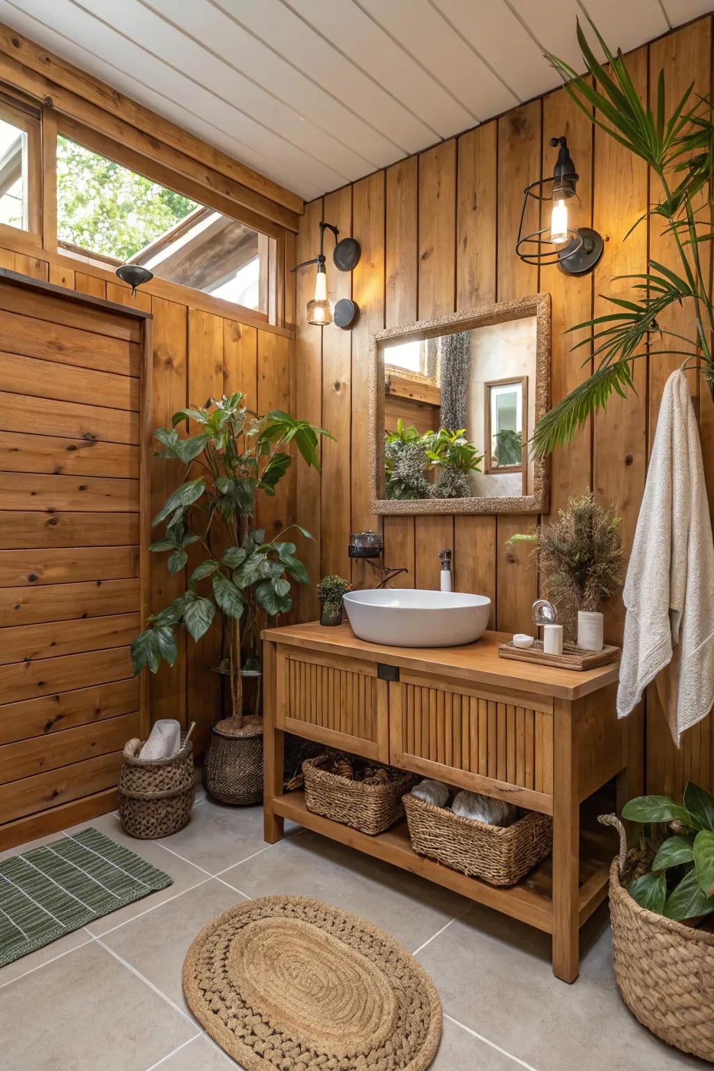 Wood elements add warmth and natural beauty to bathroom walls.