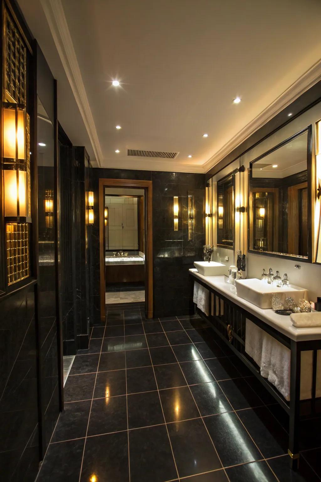Strategic lighting enhances the brightness and ambiance of this bathroom.