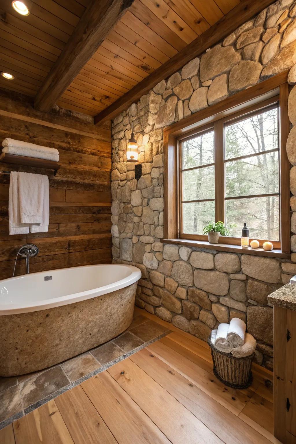 Natural elements like wood and stone create a calming ambiance.