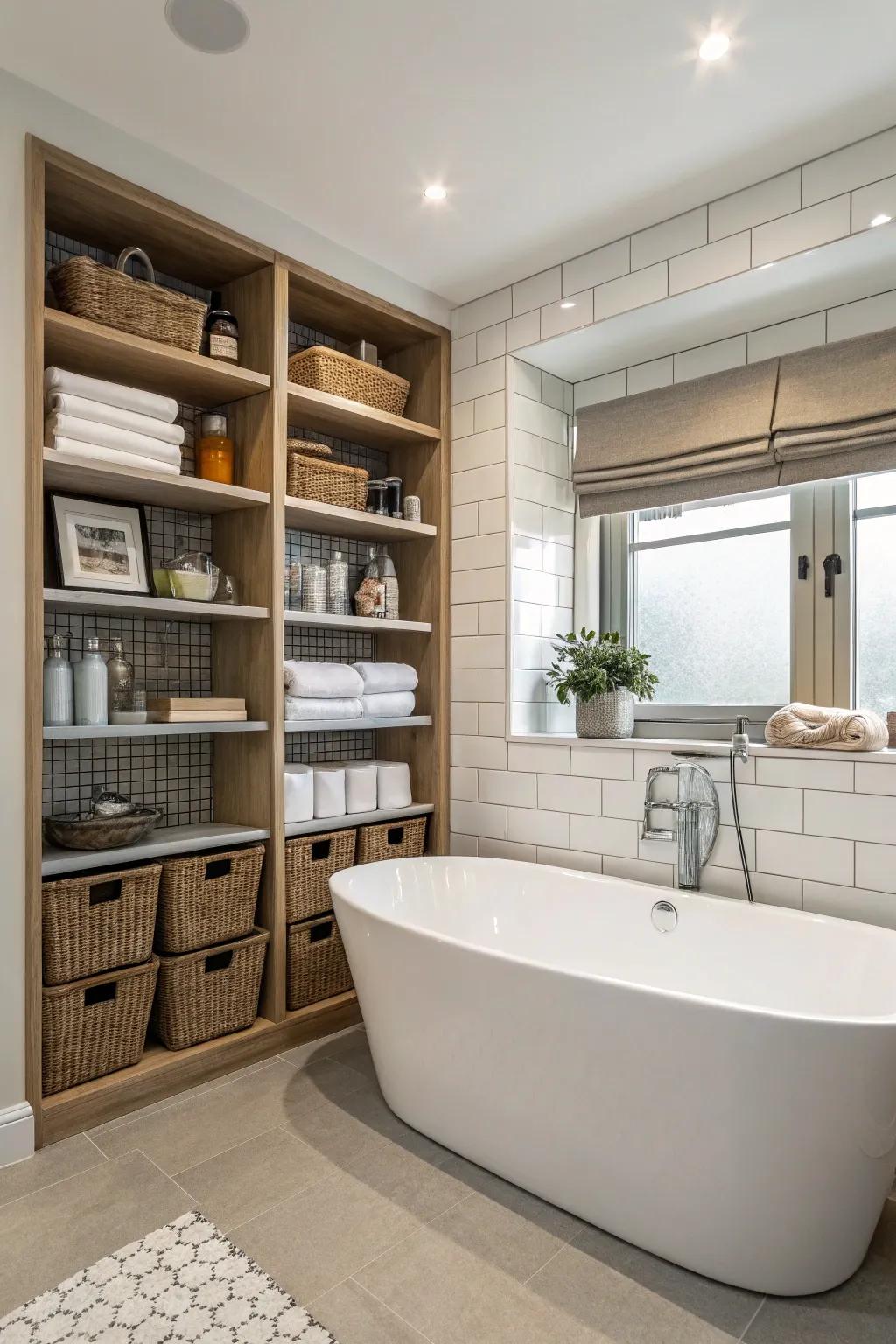 Combine style and practicality with storage built around your bathtub.