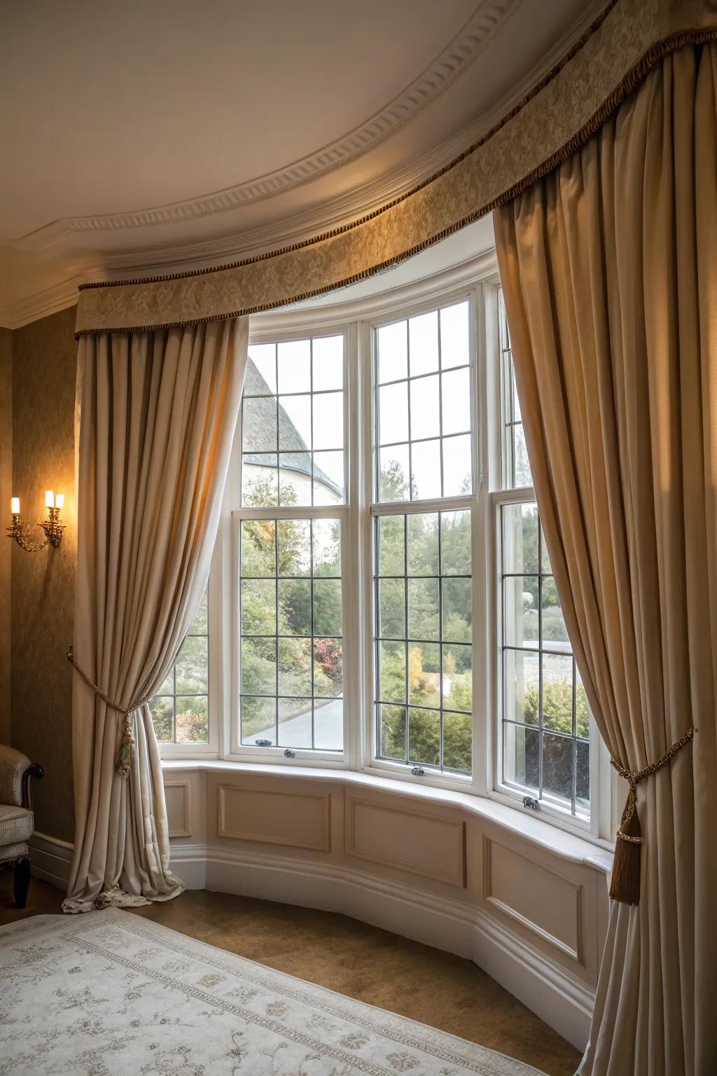Creative rod placement offers a seamless fit for bay window curtains.