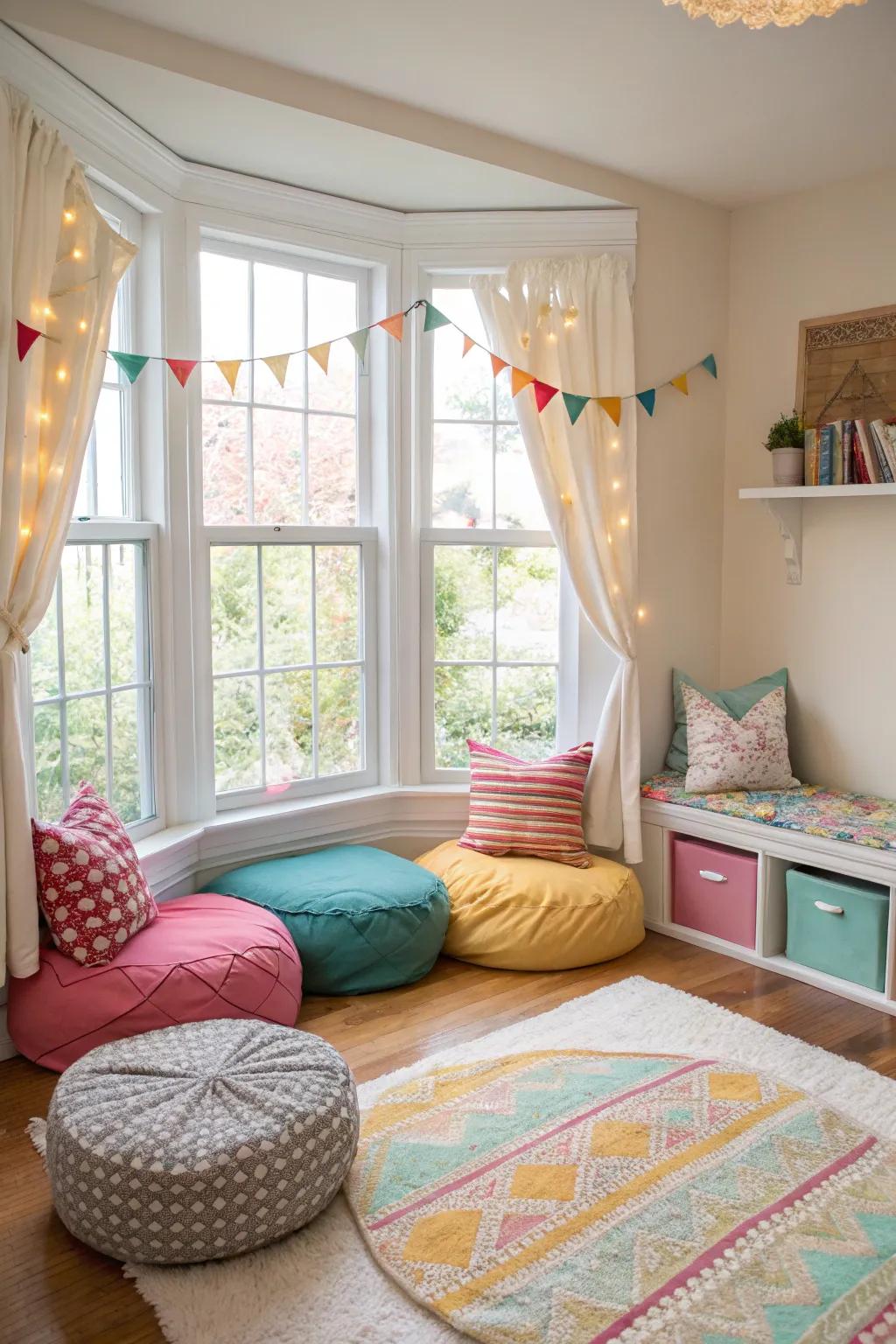 Establish a playful and inviting corner for children in your bay window.