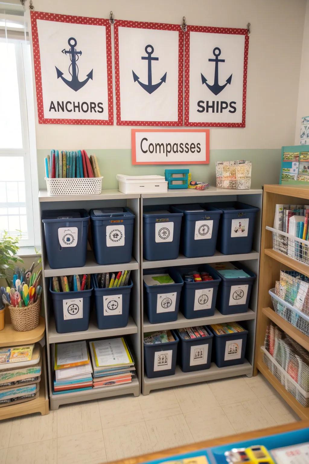 Maritime organizer tags bring order and style to classroom organization, enhancing the coastal theme.