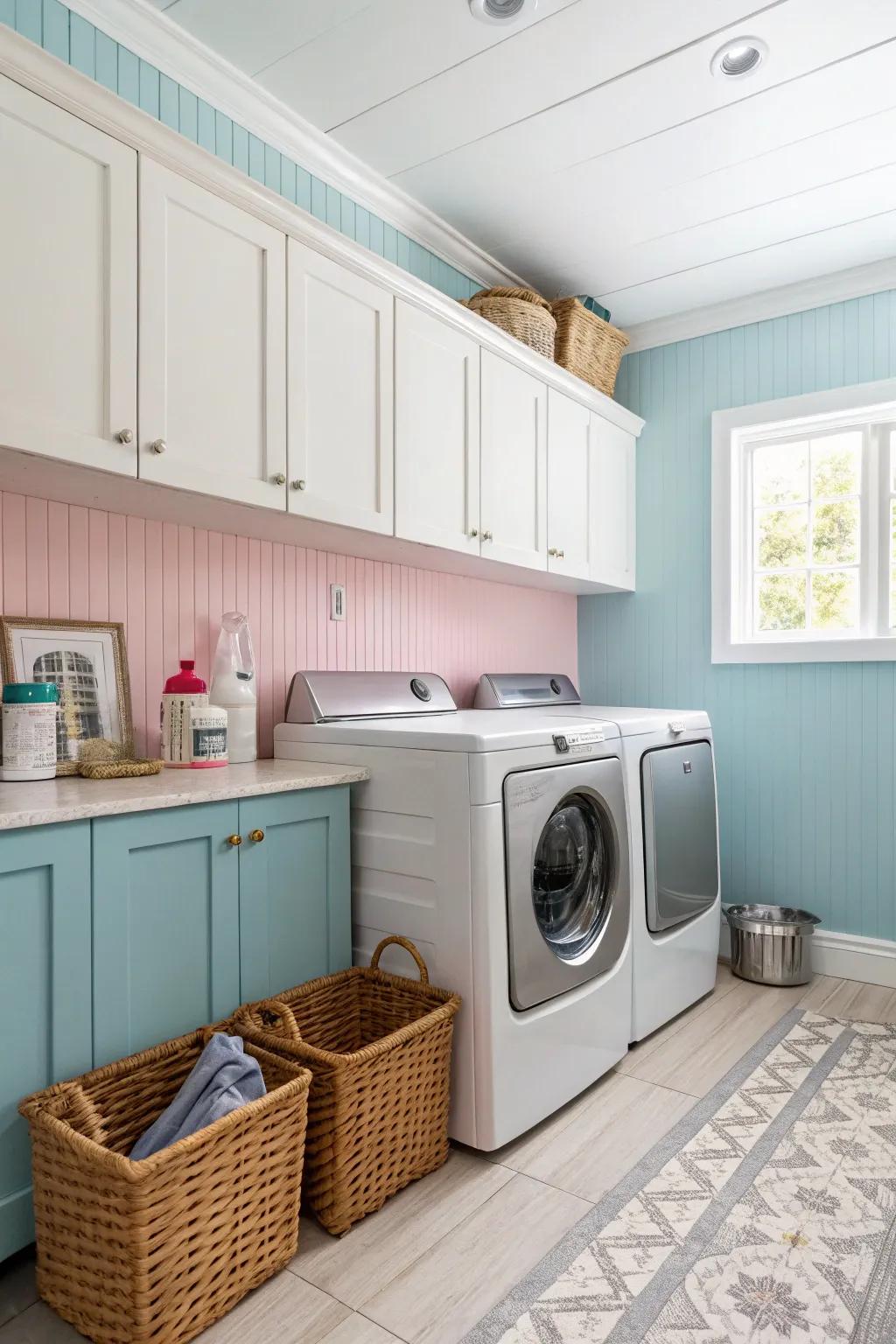 A cheerful laundry space featuring pastel beadboard walls.