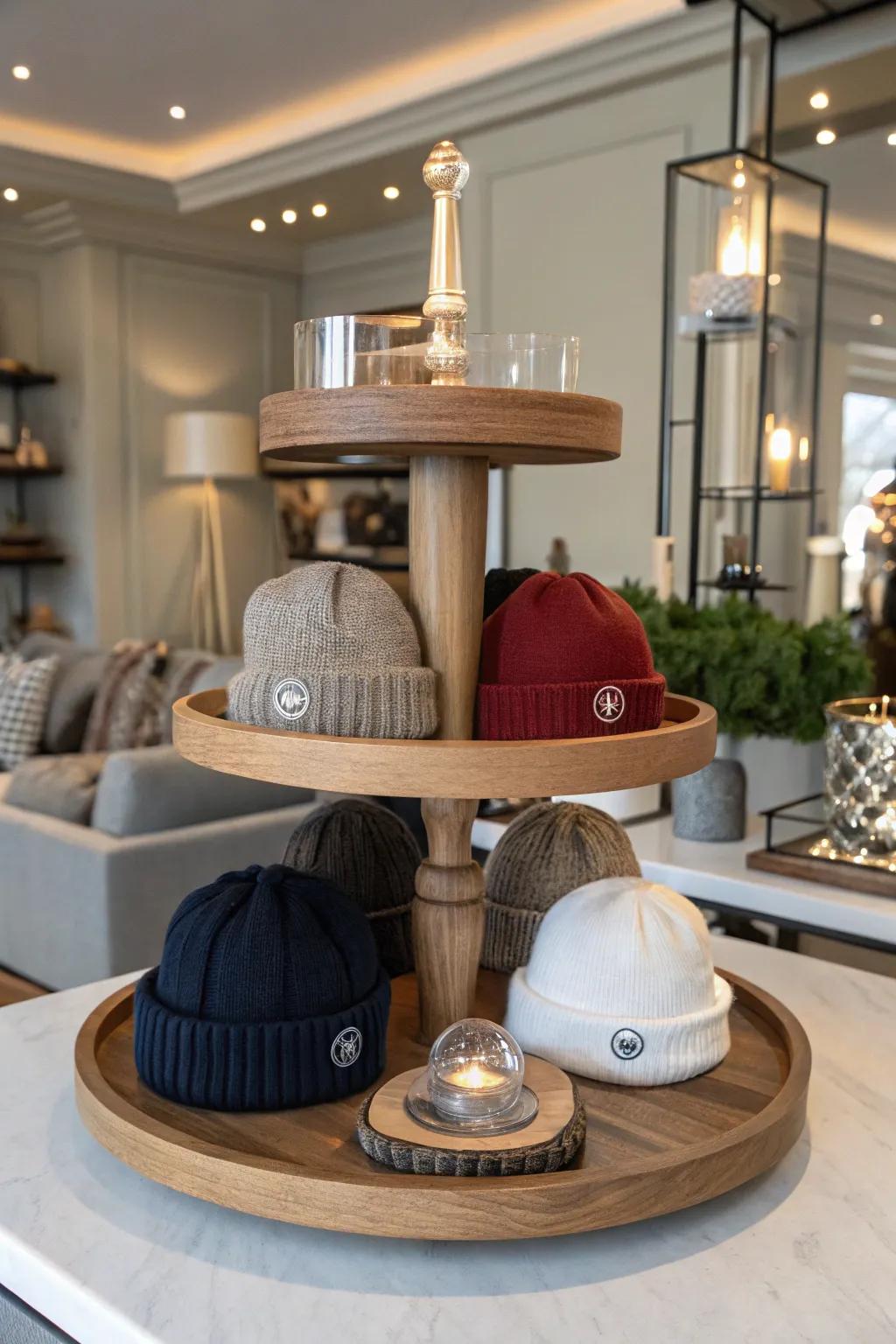 Multi-tiered stands transform your beanies into an elegant centerpiece, drawing the eye and adding a touch of rustic charm.