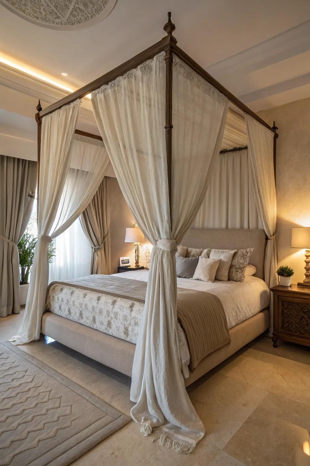 A four-poster bed frame offers endless personalization possibilities.