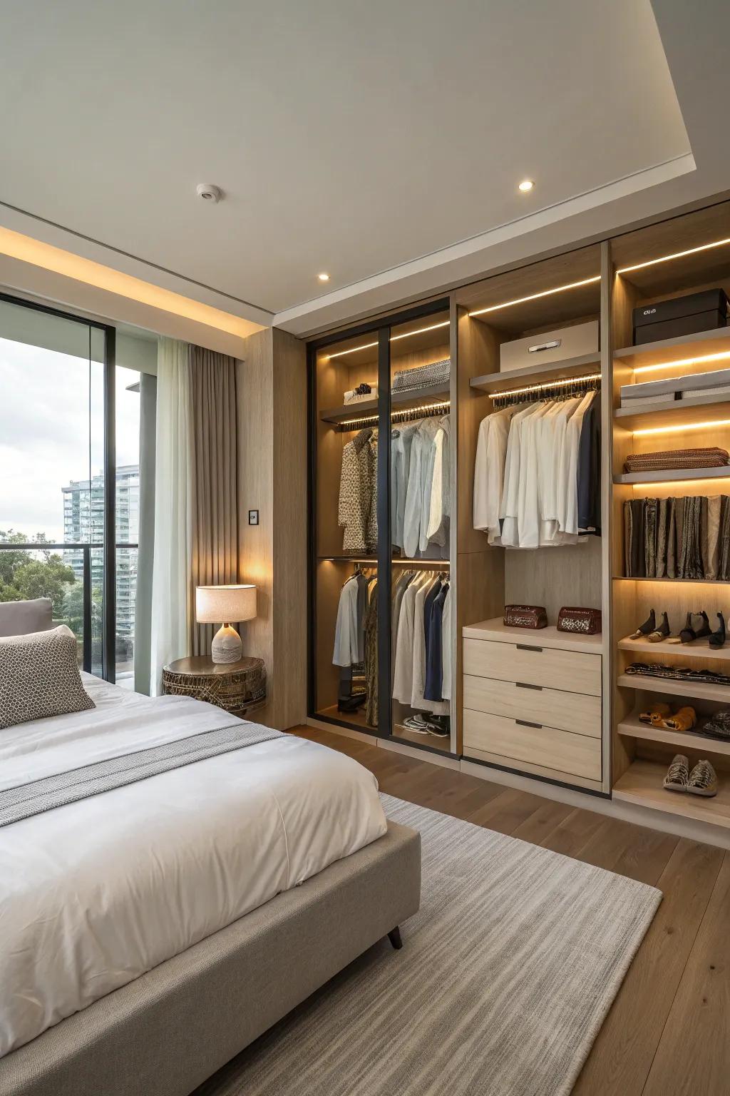 Uncovered closet themes establish an expansive and inviting atmosphere.